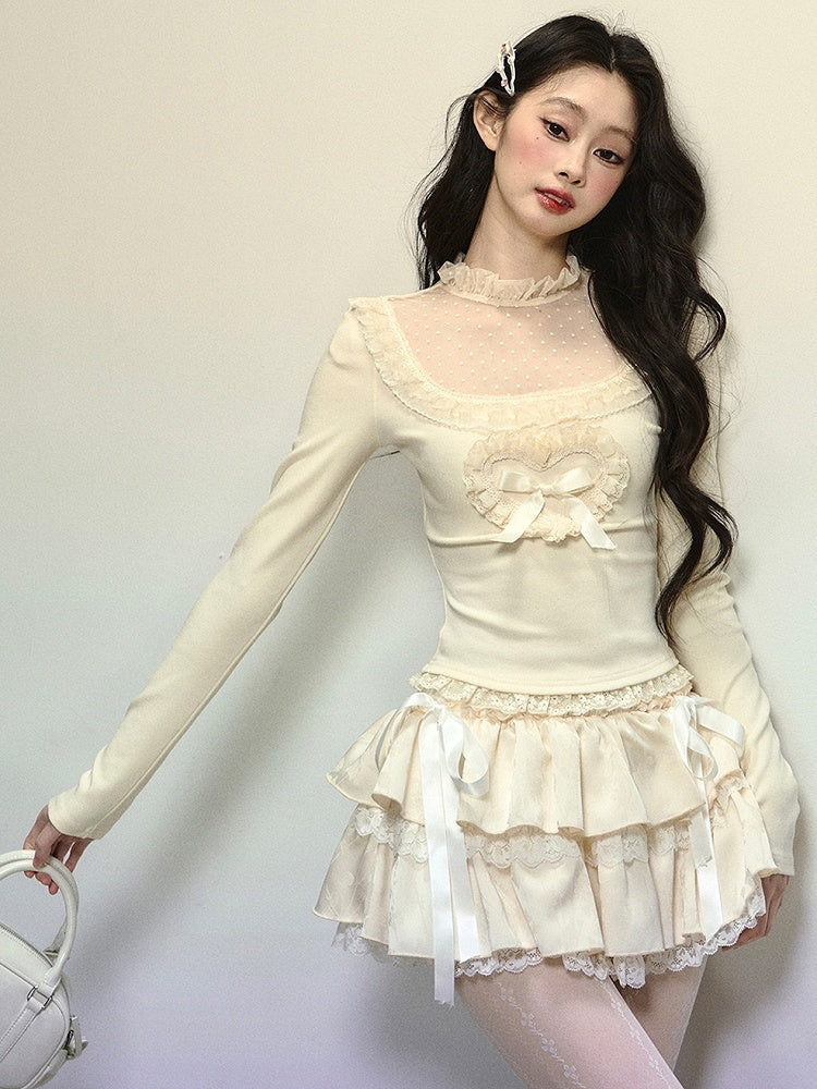 Apricot Illusion Neckline Lace Accents Long Sleeves Top