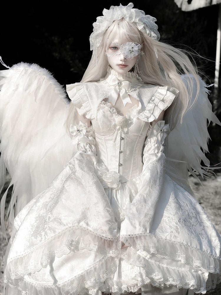Shiro Gothic Lolita Full Set with Boned Corset Top, Skirt, Collar, Bell Sleeves and Accessories in All White - Somnium Isle