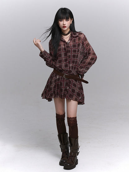 Plaid PU Coffee Gothic Belt Dress with Brown Shirt Lined Red