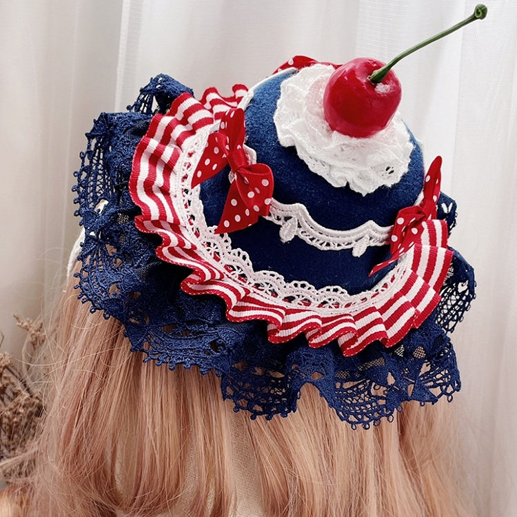 Blue Details Polka-Dot Mini Trim Pattern Hat Lace Decorated Bowknot Cherry