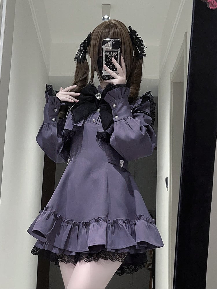 Long-Sleeve Lace Dress Kei Purple Matching + Bow Tie Ruffled Jirai Shorts Set