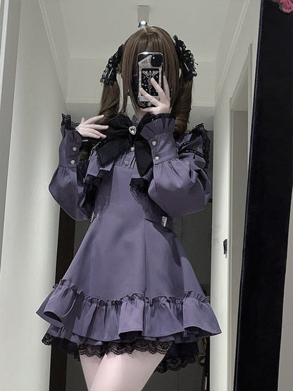 Long-Sleeve Lace Dress Kei Purple Matching + Bow Tie Ruffled Jirai Shorts Set