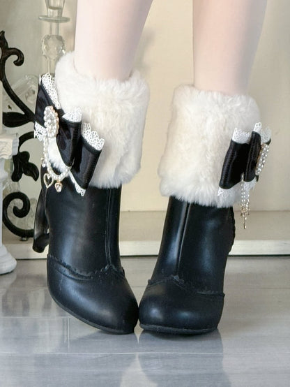Lolita Winter Sweet Heart-Shaped - Black Cuff Plush with Boots Style Heel