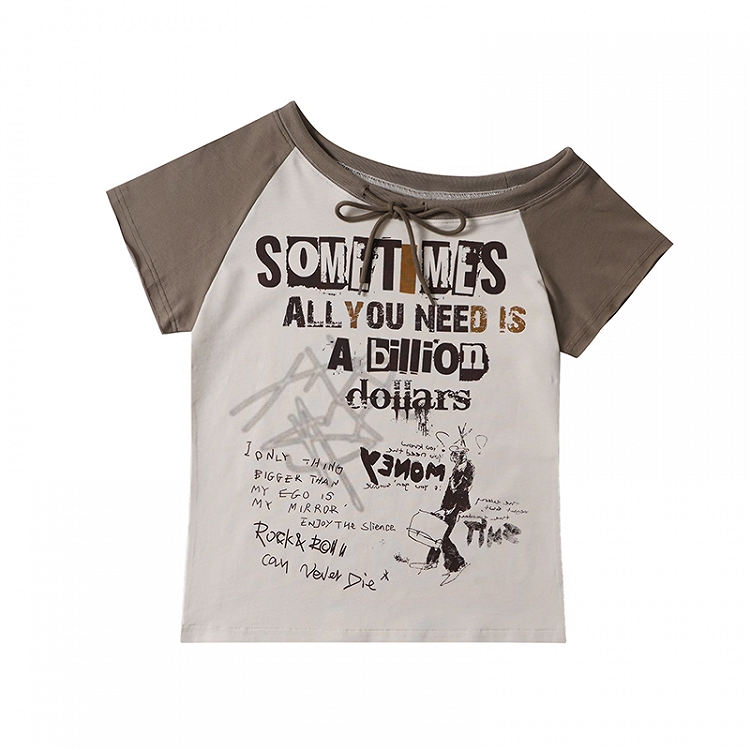 Neckline Gray/Apricot Design Graphic Colorblock Asymmetrical T-shirt Self-tie