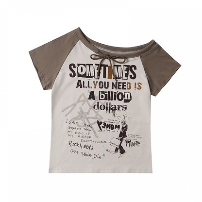 Neckline Gray/Apricot Design Graphic Colorblock Asymmetrical T-shirt Self-tie