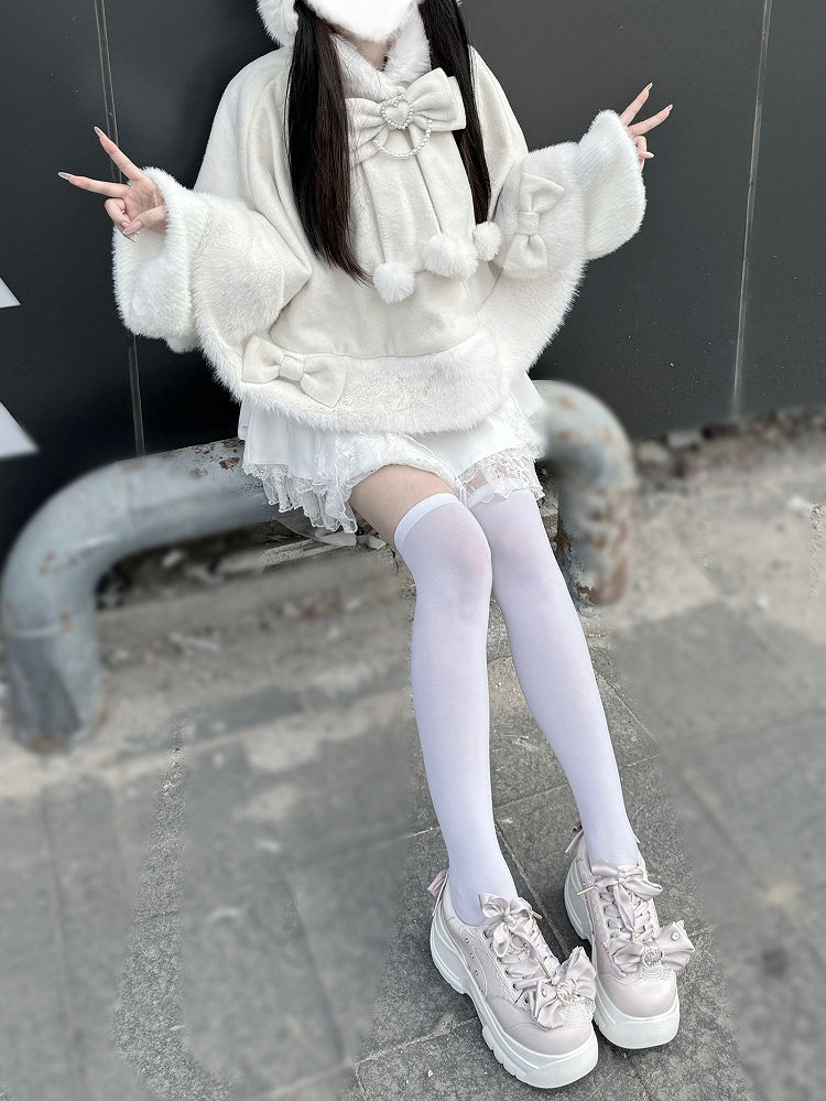 Plush Cozy Cape Coat Kitty-Ears Kei - Beige Jirai for Design Season Wool