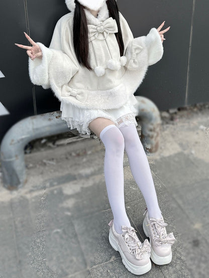 Plush Cozy Cape Coat Kitty-Ears Kei - Beige Jirai for Design Season Wool