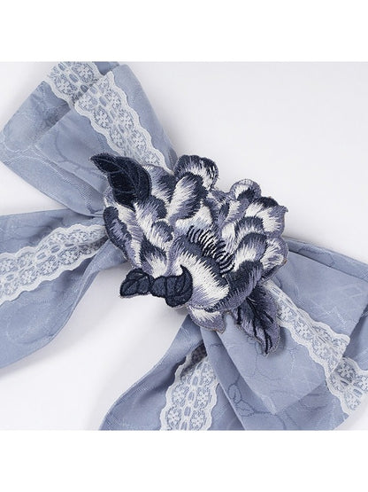 Blue Bow Floral Embroidered Brooch with Lace Accents - Yimu Walnut