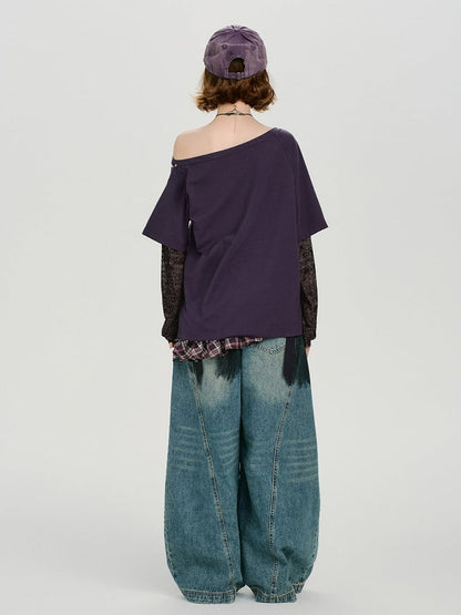 Black Purple Asymmetrical Faux Two Piece Cat Print Top - Girlyhalo