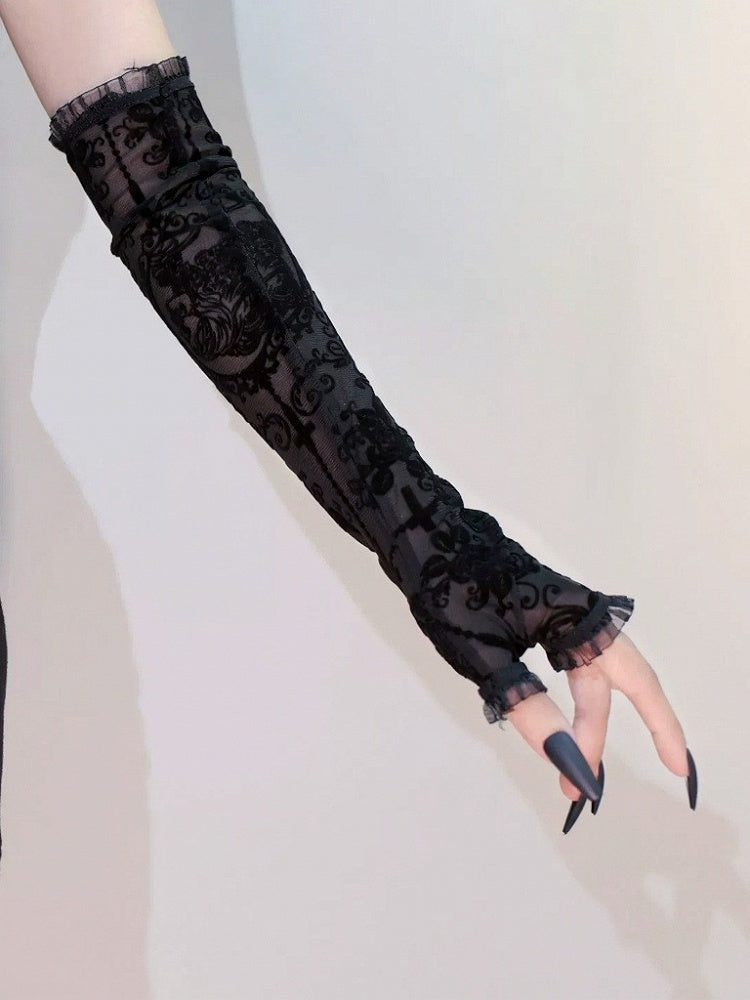 Gothic Cross & Floral Motif Arm Sleeves in Black Lolita Style - Mr. Cat