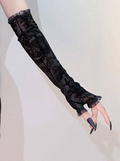 Gothic Cross & Floral Motif Arm Sleeves in Black Lolita Style - Mr. Cat