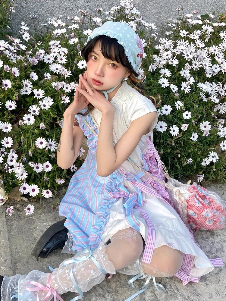 Embroidered Hem Accents with Blue Pink Floral Dress Asymmetrical