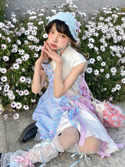 Embroidered Hem Accents with Blue Pink Floral Dress Asymmetrical