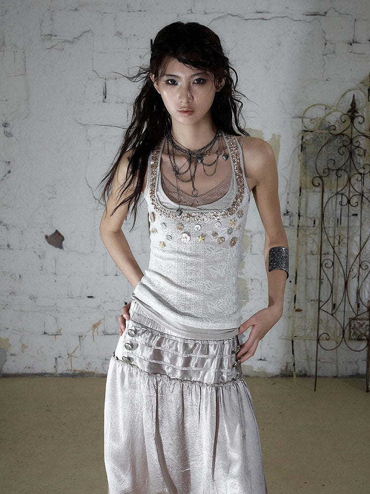 Off-White Fake Three-Piece Knit Cami Top with Shell Buttons - NO ROMANCE