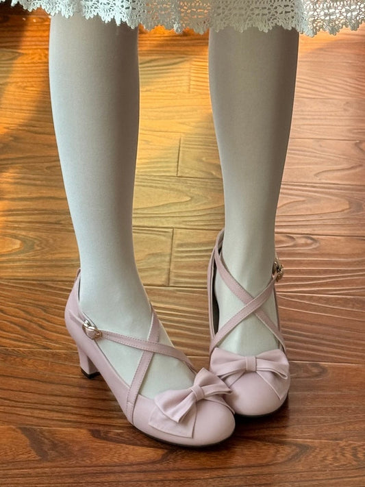 6cm Lolita Mid-heel Top Bow PU Shoes Straps Crisscross with Pink