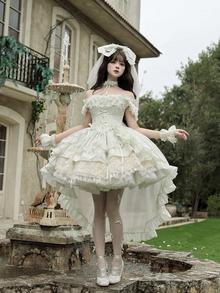 Flower with Lolita Jacquard Green Accents Layered Dress Lace Blooming Hime Mint Basque Waist Fluffy
