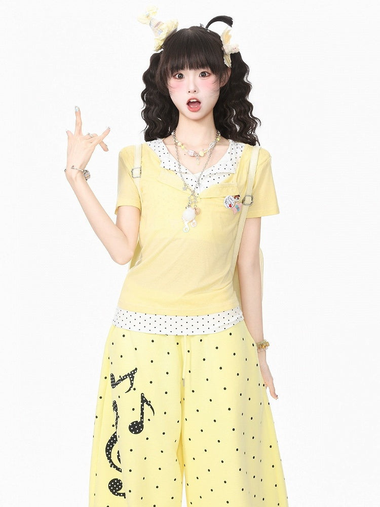 Yellow Casual Fake Two-Piece T-Shirt with Polka Dot - Languid Park