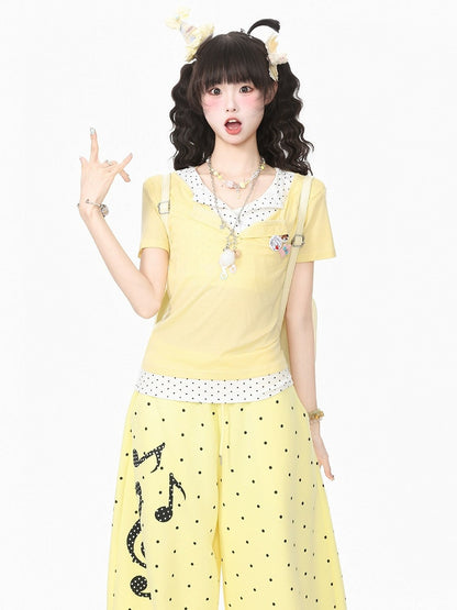 Yellow Casual Fake Two-Piece T-Shirt with Polka Dot - Languid Park