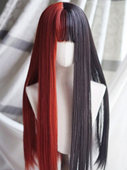 Rot-schwarze, geteilte, hüftlange, glatte Perücke mit vollem Pony