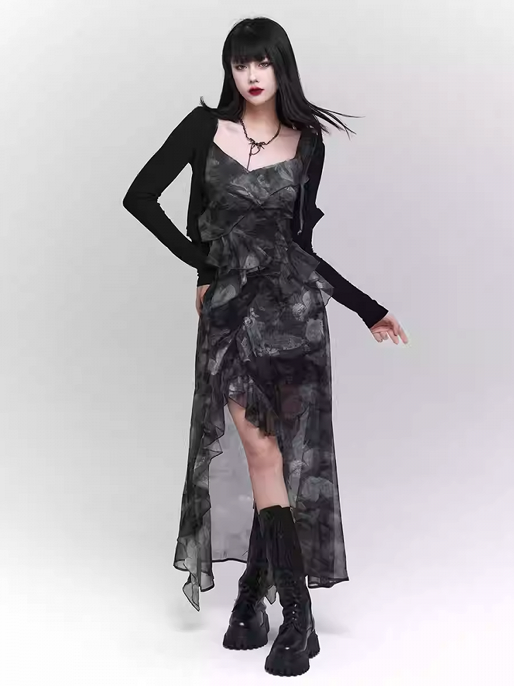 ブラック スリムフィット ニット クロップドカーディガン