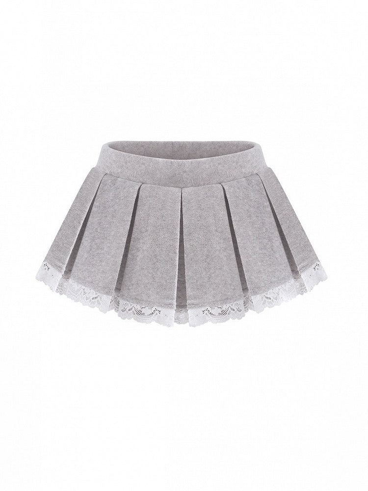 Kawaii Gray Box Pleat Skirt with Lace Trim Integrated Shorts for Daily - serendipity
