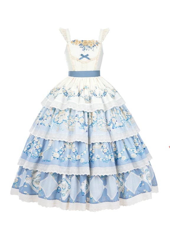 Classic Lolita Blue Skirt Dress Daisy Basket Tiered Jumper Floral Print and Flower