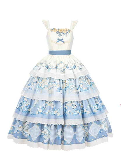 Classic Lolita Blue Skirt Dress Daisy Basket Tiered Jumper Floral Print and Flower