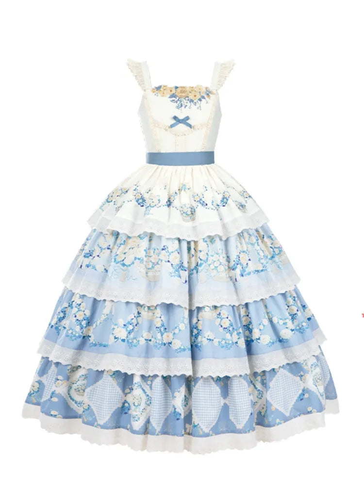 Classic Jumper Blue Skirt Floral Dress Basket and Flower Tiered Daisy Print Lolita