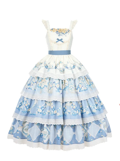 Classic Jumper Blue Skirt Floral Dress Basket and Flower Tiered Daisy Print Lolita