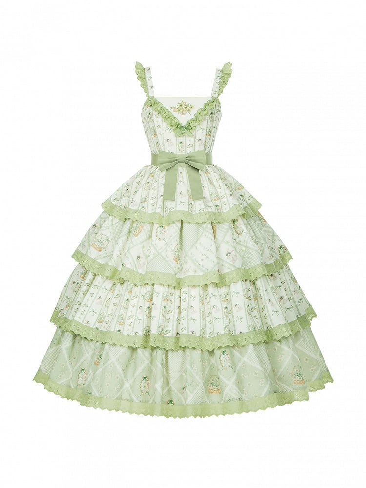 Flower Basket and Bunny Print Green Natural Kei Lolita Tiered JSK Dress - With PUJI