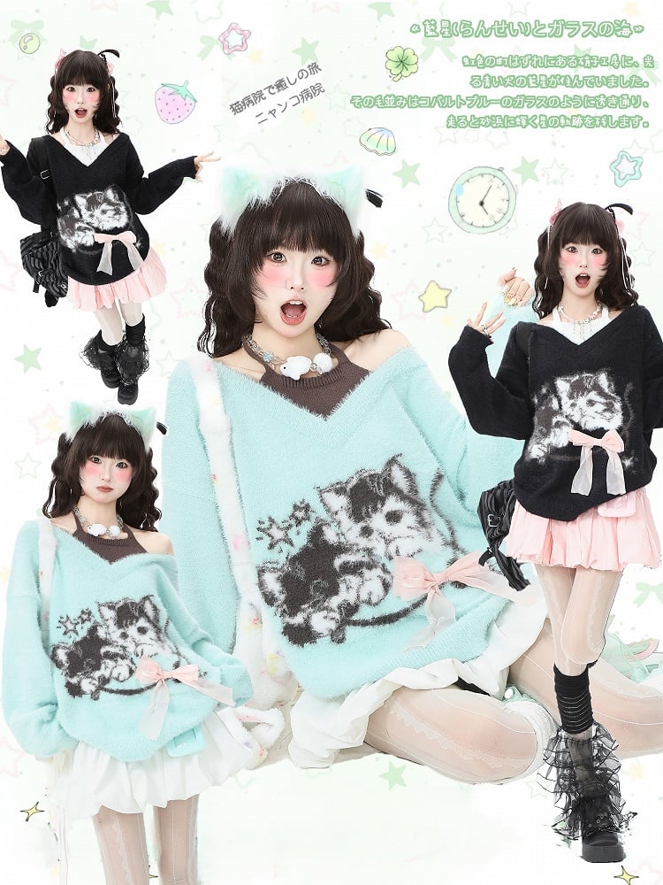 with Cat Sweater Bow Green/Black Pink Faux Two-Piece Knit Print