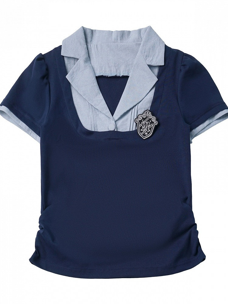 Blue Preppy Two-Piece Fitted Short Sleeve Top with Badge - PINK SAVIOR