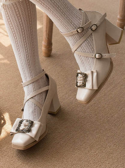Frame Mid-heel Bow Picture Beige Design Classic Square Lolita at - Top Shoes Toe Vintage