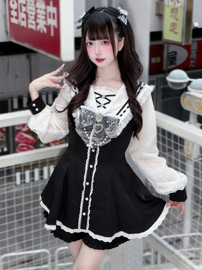 White Set: Jirai Kei Coord with and Collar Black Sailor Matching Nautical Dress Shorts