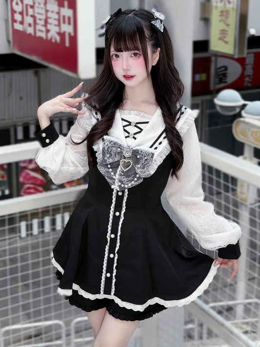 White Set: Jirai Kei Coord with and Collar Black Sailor Matching Nautical Dress Shorts