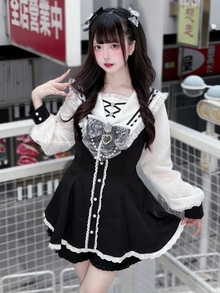 Collar Jirai White and Set: with Matching Coord Sailor Black Nautical Shorts Dress Kei