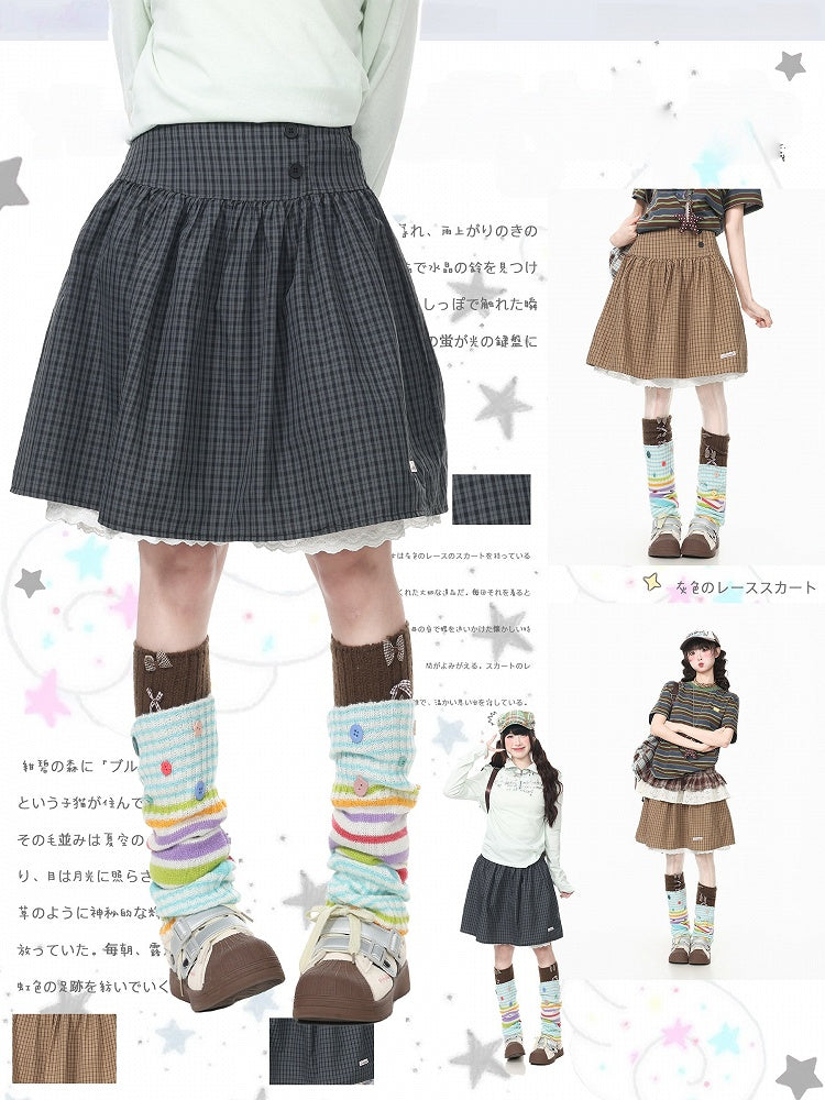 Coffee Plaid Skirt with Lace Accents