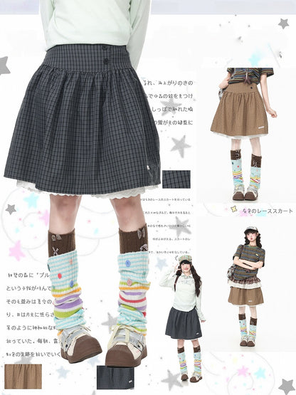 Coffee Plaid Skirt with Lace Accents