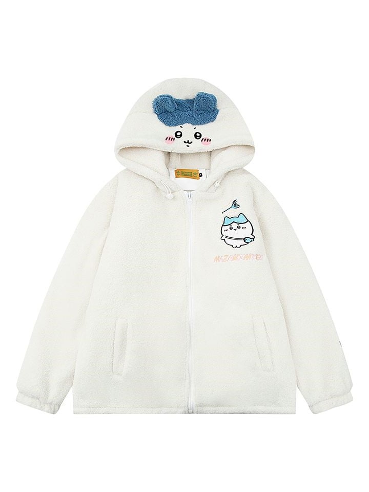 Blue Cartoon Print White Kitty Hooded Ears With Coat Fleece