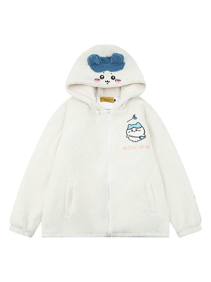 Blue Cartoon Print White Kitty Hooded Ears With Coat Fleece