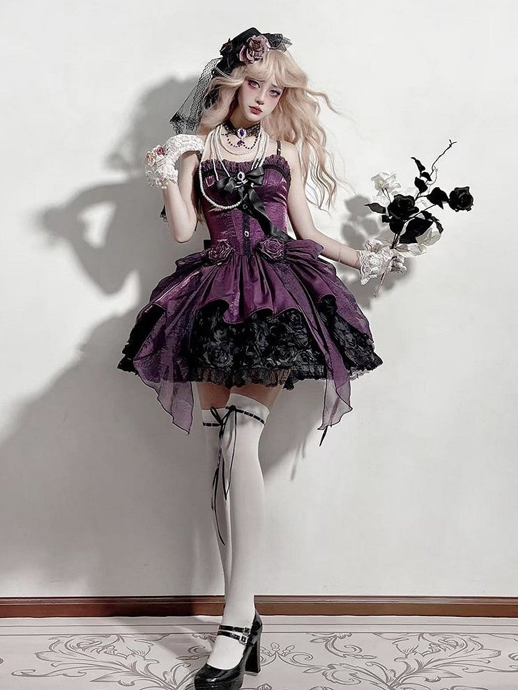 Purple Black Strapless Gothic Lolita Dress - Rose Bouquet Boned Corset