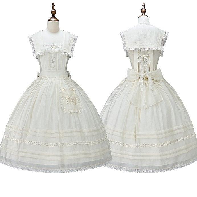 Accent and Pocket Overall Beige Dress Sailor Trim Lace Lolita with