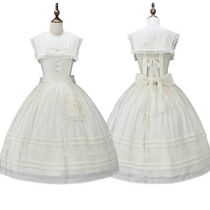 Accent and Pocket Overall Beige Dress Sailor Trim Lace Lolita with