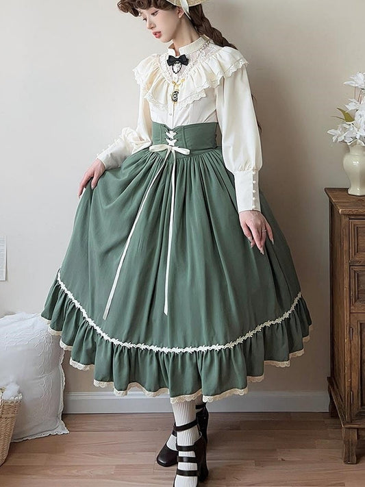 Green Boned High Waist Elegant Classic Lolita Skirt with Lace Trim