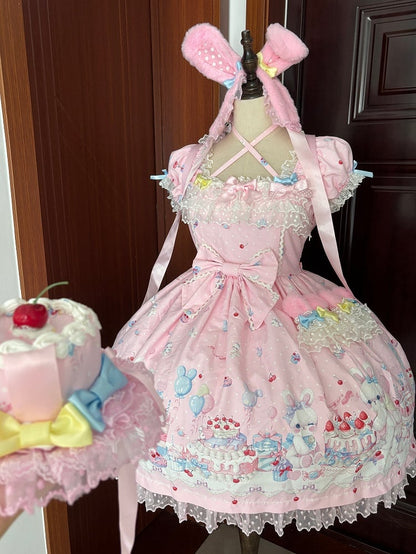 Ärmel Puff rosa Print Kleid Sweet Lolita Bunny und Cake Short