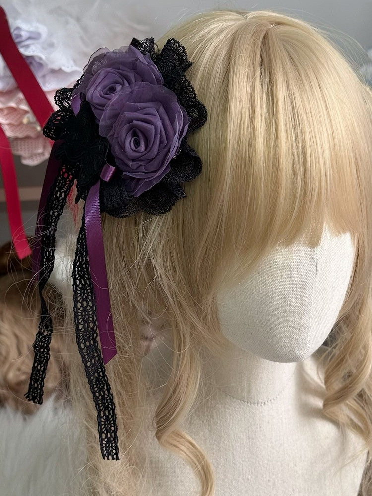 Rose Lace Bow Trim Hairclip 6 Color Floral Options