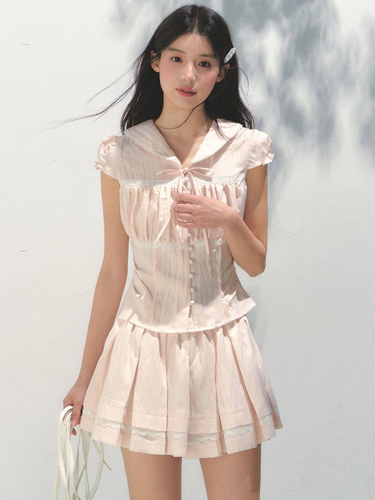 Ruffled Lace and Skirt Details with Pleats Pink