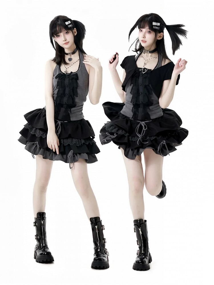 Schwarz-grauer glamouröser Stufenrock mit Schnürdetail