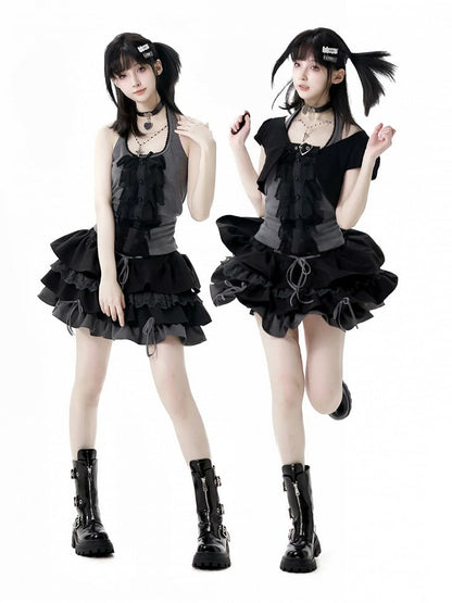 Schwarz-grauer glamouröser Stufenrock mit Schnürdetail