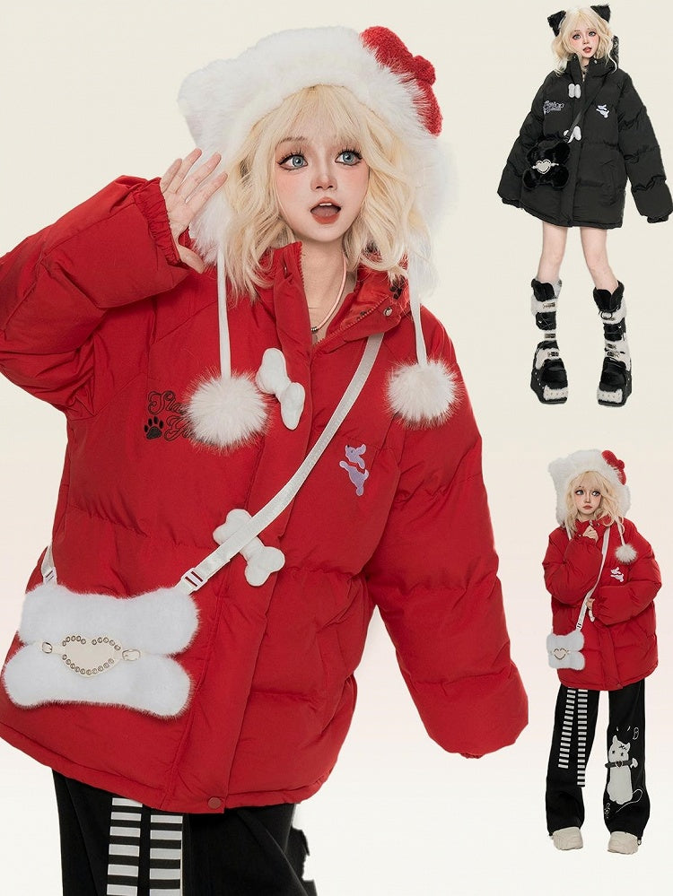 Black/Red Cute Puppy Hooded Jacket with Free Bone Shaped Crossbody